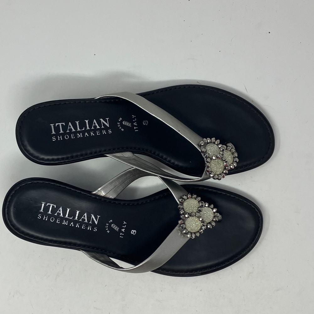 Italian Shoemakers Silver Black Wedge Sandals Size 8 Made in Italy Rhinestone - Picture 5 of 13